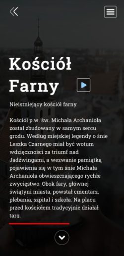 Layout aplikacji Turystyczny Lublin z opisem historii kościoła farnego